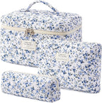 HBselect Quilted Makeup Bag, 3PCS Cotton Large Travel Makeup Bag, Cute Floral Coquette Make up Bag Cosmetic Bag Toiletry Bag for Women Girls