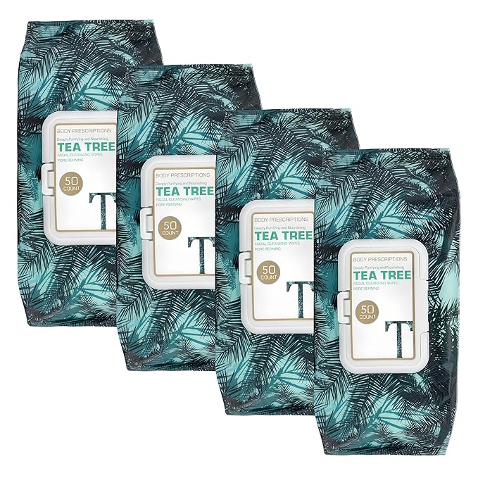 Body Prescription Makeup Cleansing Wipes - Gentle and Effective Face Wipes, 50 Count (Pack of 4), Tea-Tree