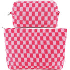 ZLFSRQ 2Pcs Makeup Bag Checkered Cosmetic Bag Set Travel Toiletry Bags for Purse Large Small Makeup Pouch for Women Cute Preppy Pencil Pouch Case Pink Zipper Skincare Bags