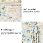 HBselect Quilted Makeup Bag, 3PCS Cotton Large Travel Makeup Bag, Cute Floral Coquette Make up Bag Cosmetic Bag Toiletry Bag for Women Girls