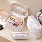 HBselect Quilted Makeup Bag, 3PCS Cotton Large Travel Makeup Bag, Cute Floral Coquette Make up Bag Cosmetic Bag Toiletry Bag for Women Girls