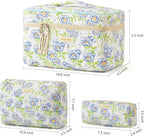 HBselect Quilted Makeup Bag, 3PCS Cotton Large Travel Makeup Bag, Cute Floral Coquette Make up Bag Cosmetic Bag Toiletry Bag for Women Girls