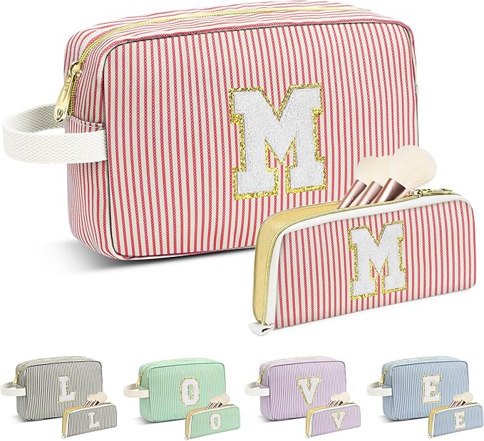 Travel Makeup Bag Christmas Gifts for Women Girl Teens, Personalized Initial Makeup Bag for Cute Teen Girls, Preppy Stuff Toiletry Bag Cosmetic Bag, Teen Girls Gift Trendy Stuff, Letter M