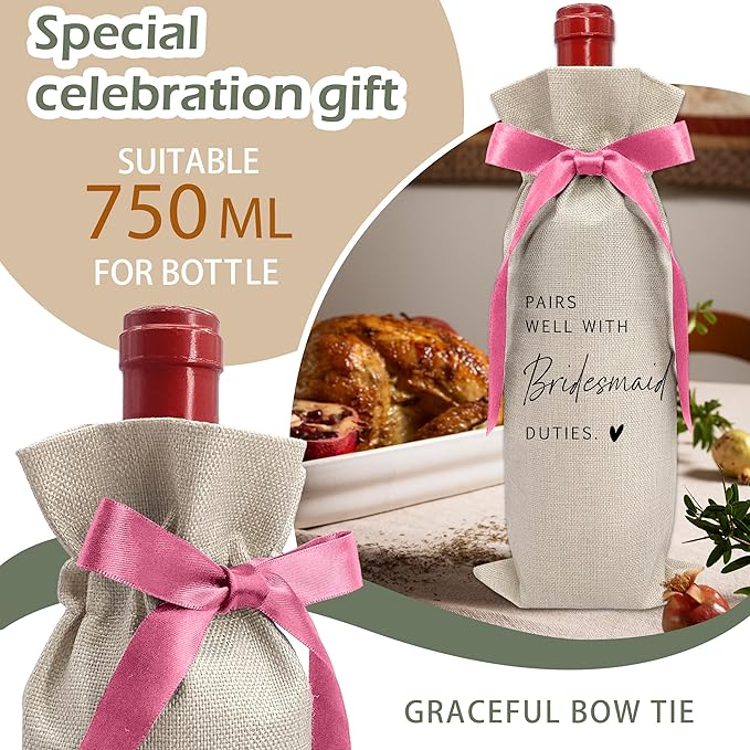 Cute Pink Bow Ribbon Engagement Gift Wine Bag - 1 PCS Bride to Be Gifts for Bridesmaids Bride and Groom Couples Her Him Will You Be My Bridesmaid for Getting Married Engagement Bridal Shower - A50