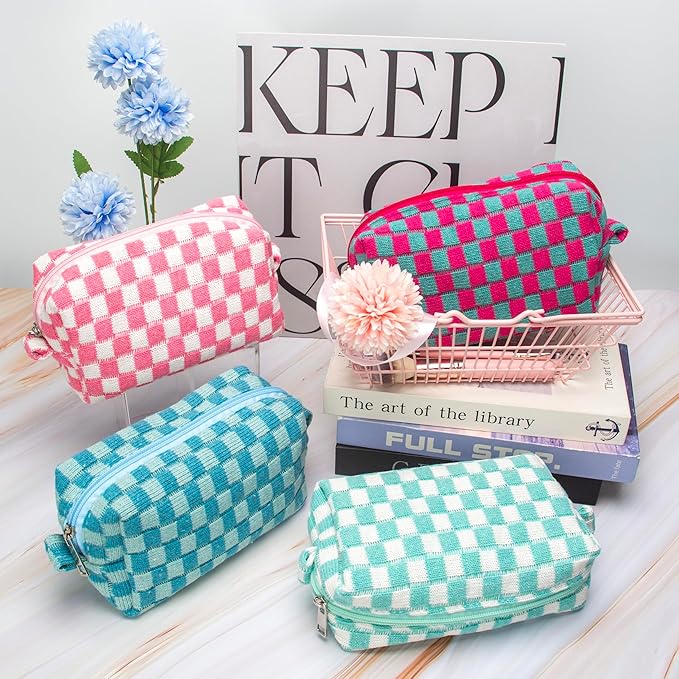 PAZIMIIK Checkered Makeup Bag for Purse Portable Zipper Make Up Pouch Small Cosmetic Case for Travel Accessories (6PCS Arctic Blue)