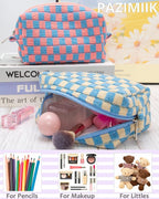 PAZIMIIK 2PCS Checkered Makeup Bag for Purse Portable Zipper Make Up Pouch Small Cosmetic Case for Travel Accessories Blue Beige