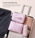 HBselect Quilted Makeup Bag, 3PCS Cotton Large Travel Makeup Bag, Cute Floral Coquette Make up Bag Cosmetic Bag Toiletry Bag for Women Girls