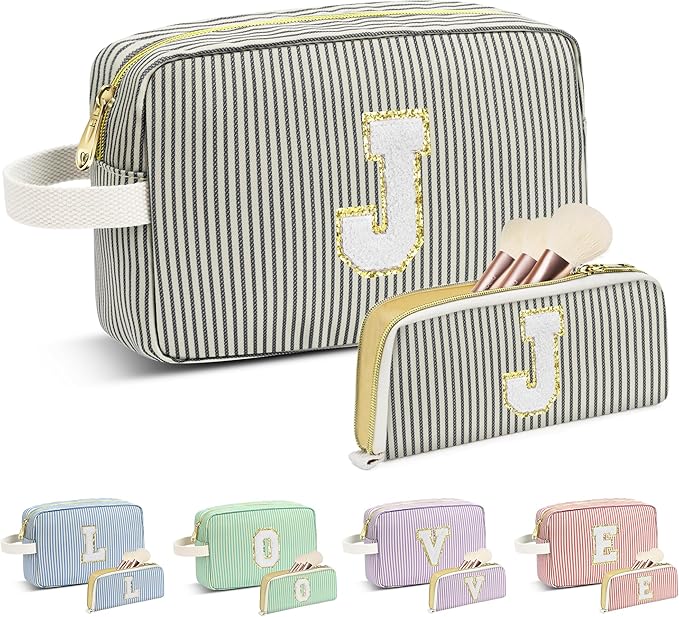 Travel Makeup Bag Christmas Gifts for Women Girl Teens, Personalized Initial Makeup Bag for Cute Teen Girls, Preppy Stuff Toiletry Bag Cosmetic Bag, Teen Girls Gift Trendy Stuff, Letter J